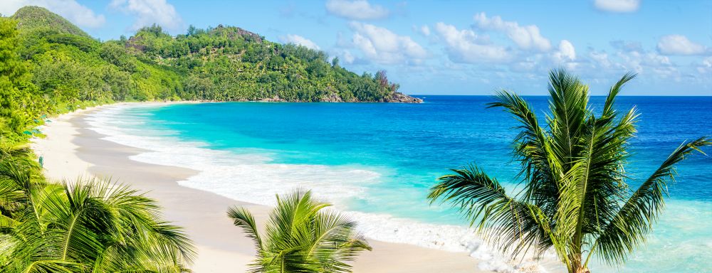 Bílá pláž lemovaná palmami na ostrově Praslin